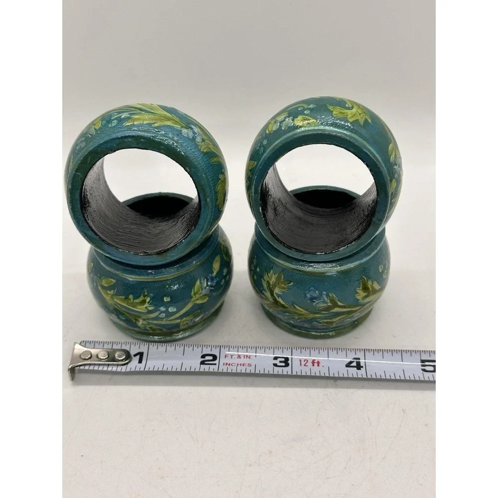 Set‎ of 4 Hand Painted Wood Napkin Rings Blue Green Floral Folk Art Decor